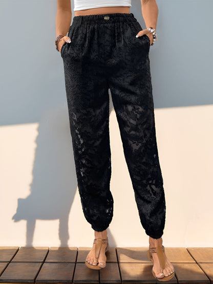 Luxe Lace-Trimmed Pocketed Elastic Waist Trousers