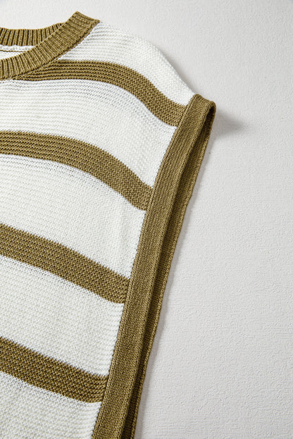 Khaki Stripe Tie Open Side Sweater Knitted Top for Women