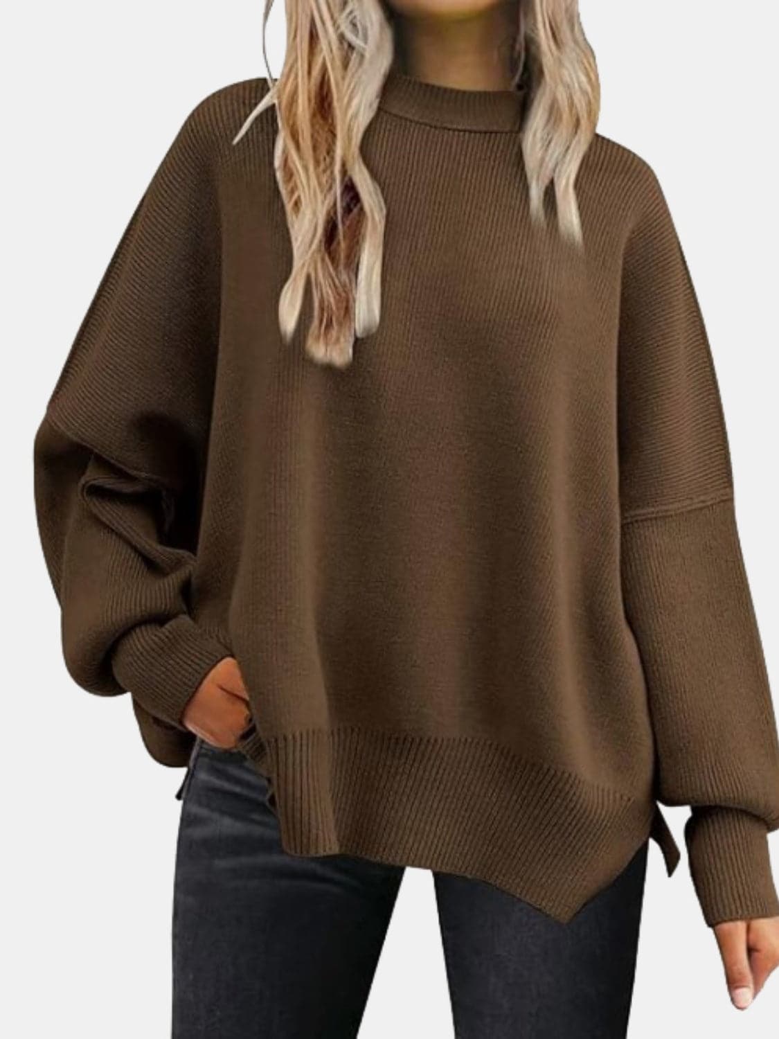 Round Neck Drop Shoulder Slit Sweater.