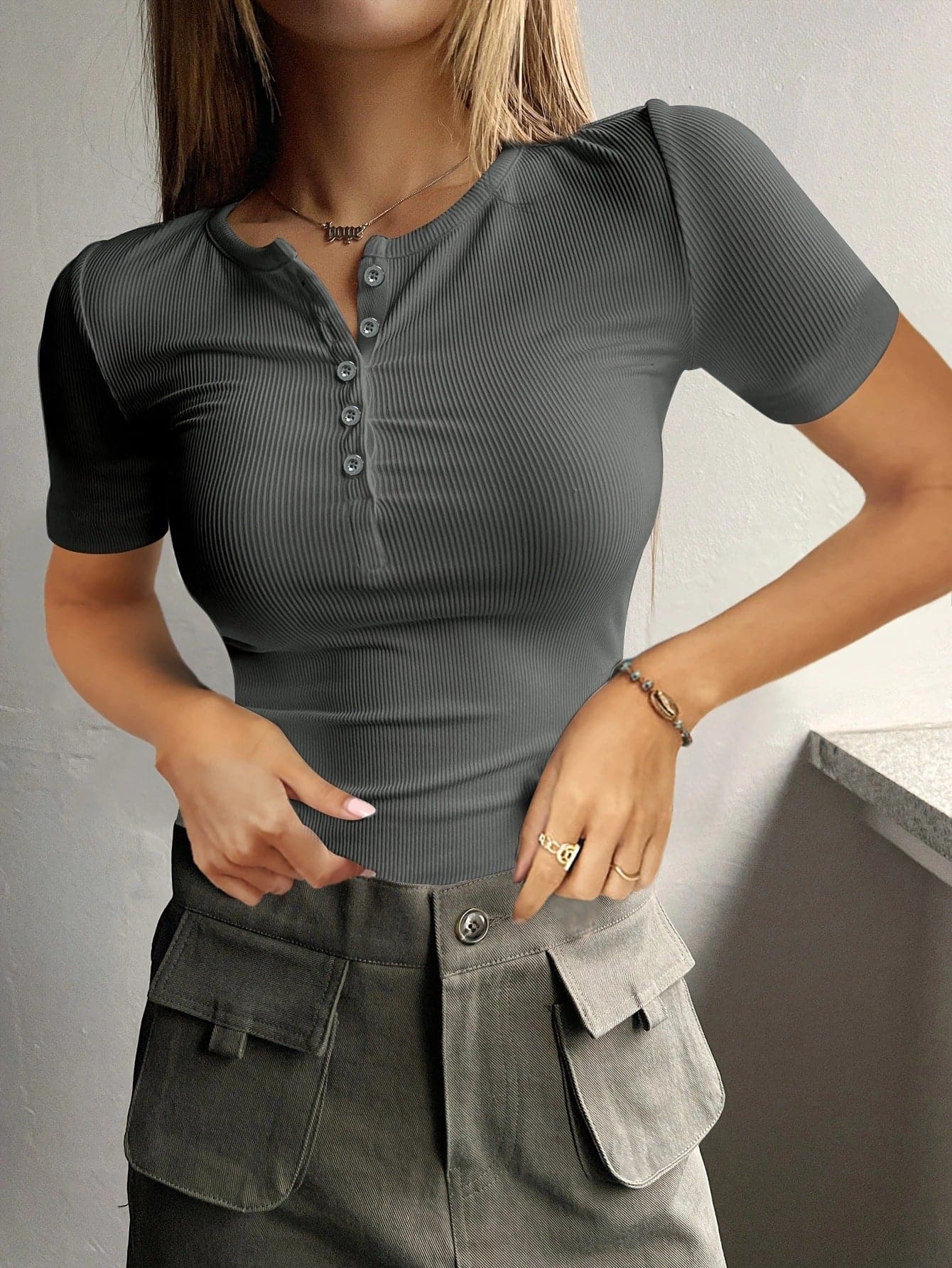 Round Neck Quarter Button Short Sleeve Top.