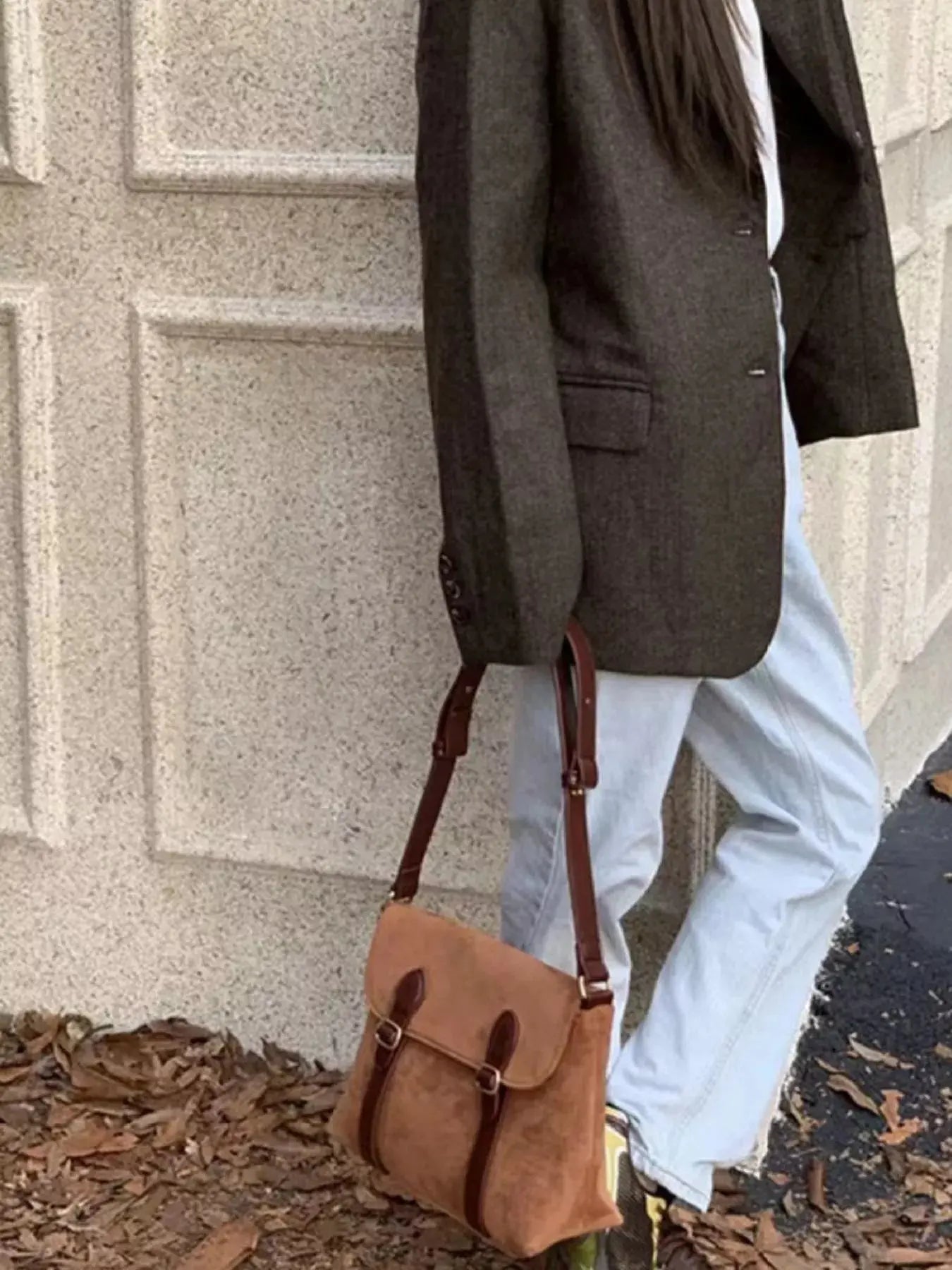 Tan Suede Double Buckle Crossbody Bag With Adjustable Straps Simply Love