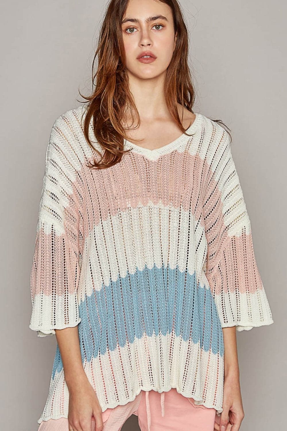 POL V-Neck Short Sleeve Stripe Weave Sweater.