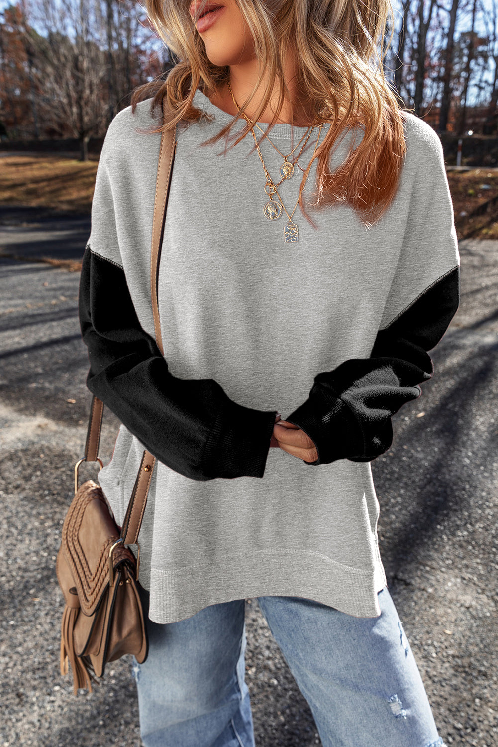 Chic gray patchwork drop shoulder pullover sweatshirt