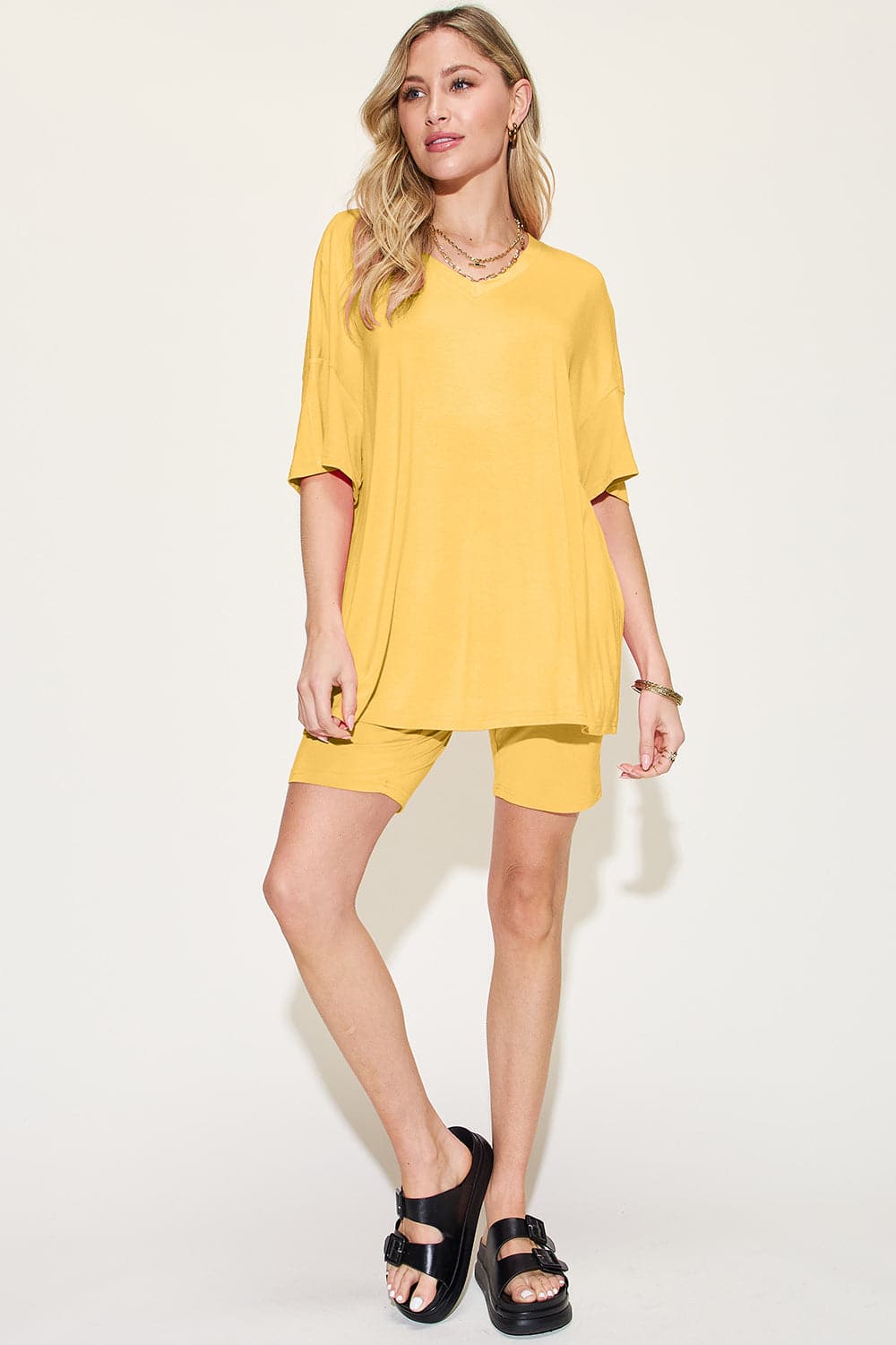 Basic Bae Bamboo Full Size  V-Neck Drop Shoulder T-Shirt and Shorts Set.