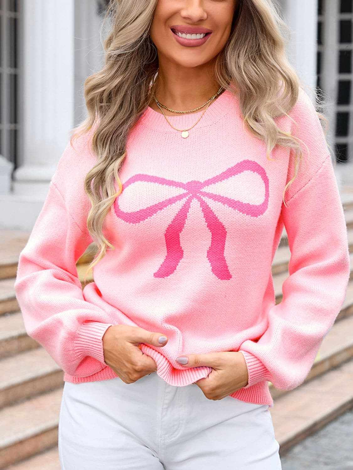 Charming bow print long sleeve sweater - Love Salve 