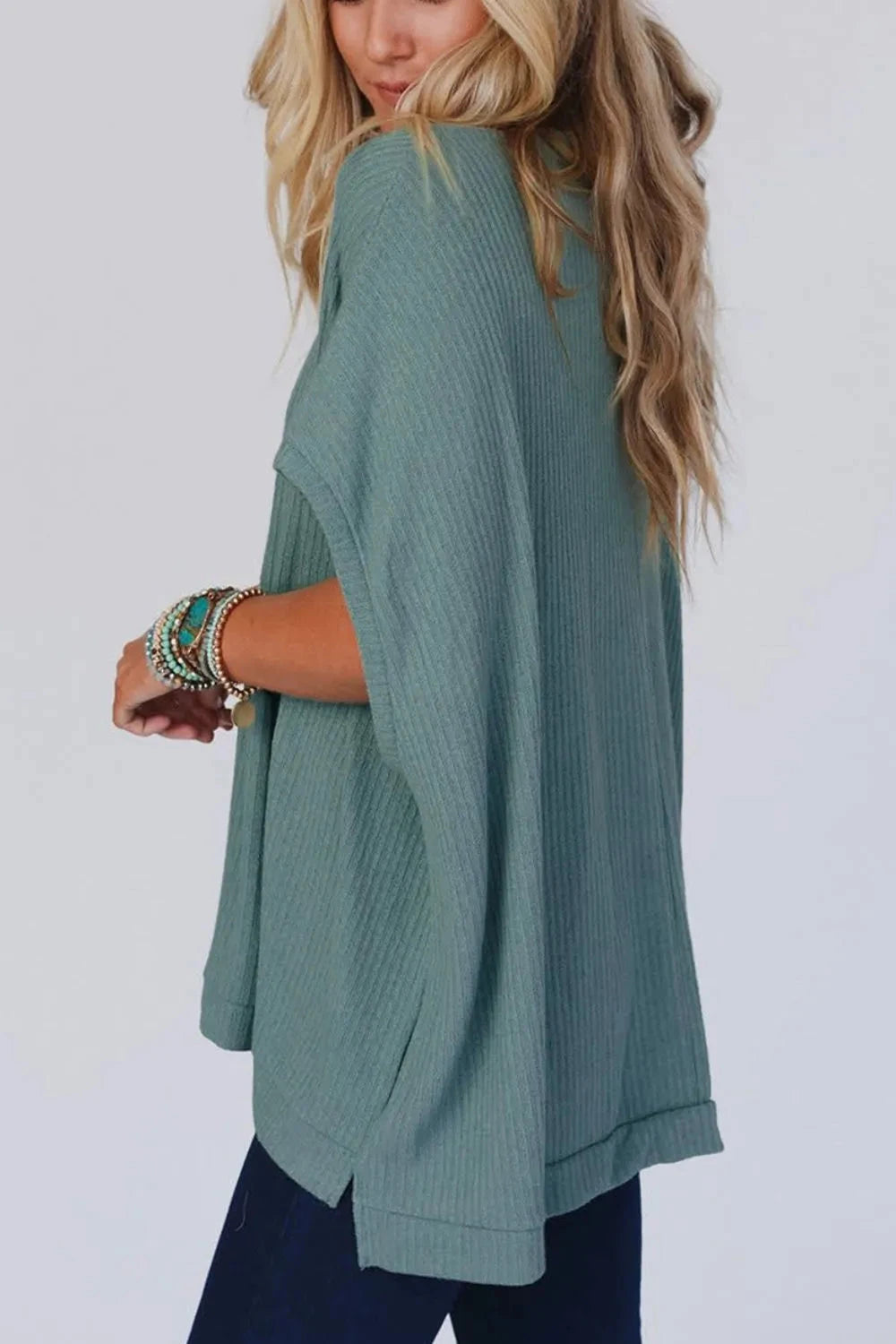 Oversized Ribbed Knit V Neck Dolman Short Sleeve Top Simply Love