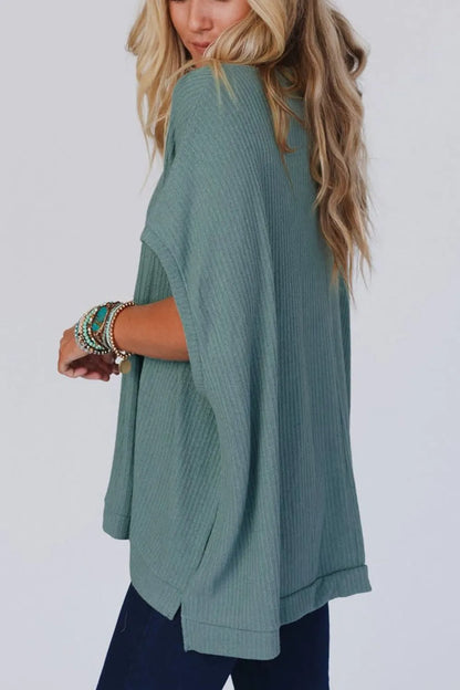 Oversized Ribbed Knit V Neck Dolman Short Sleeve Top