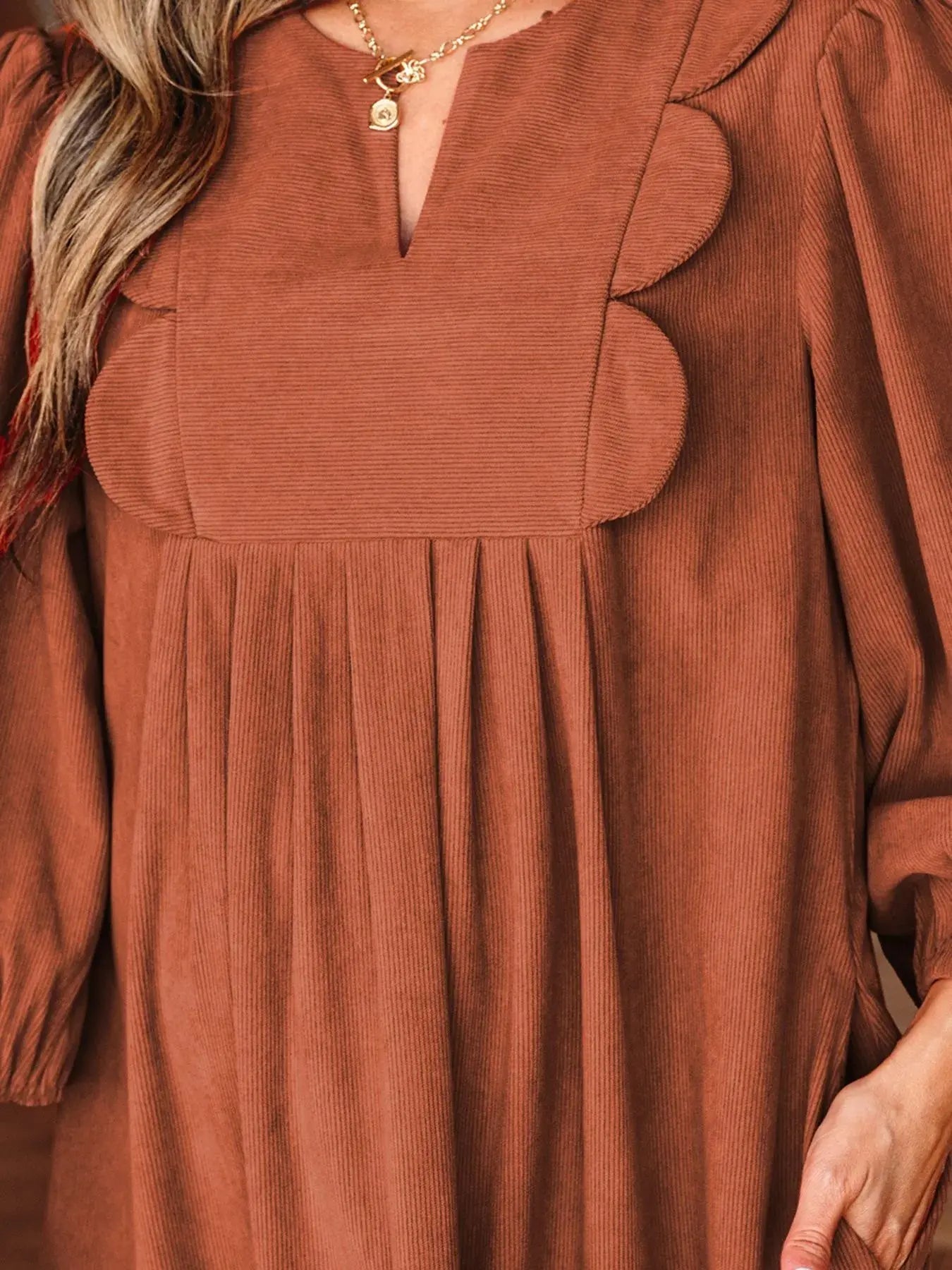 Split Neck Scallop Detail Corduroy Mini Dress Simply Love