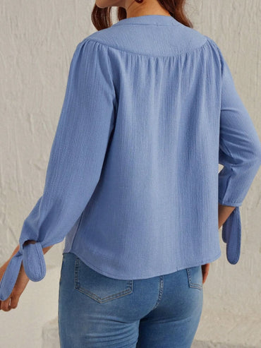 Tied Neck Opaque Three-Quarter Sleeve Blouse