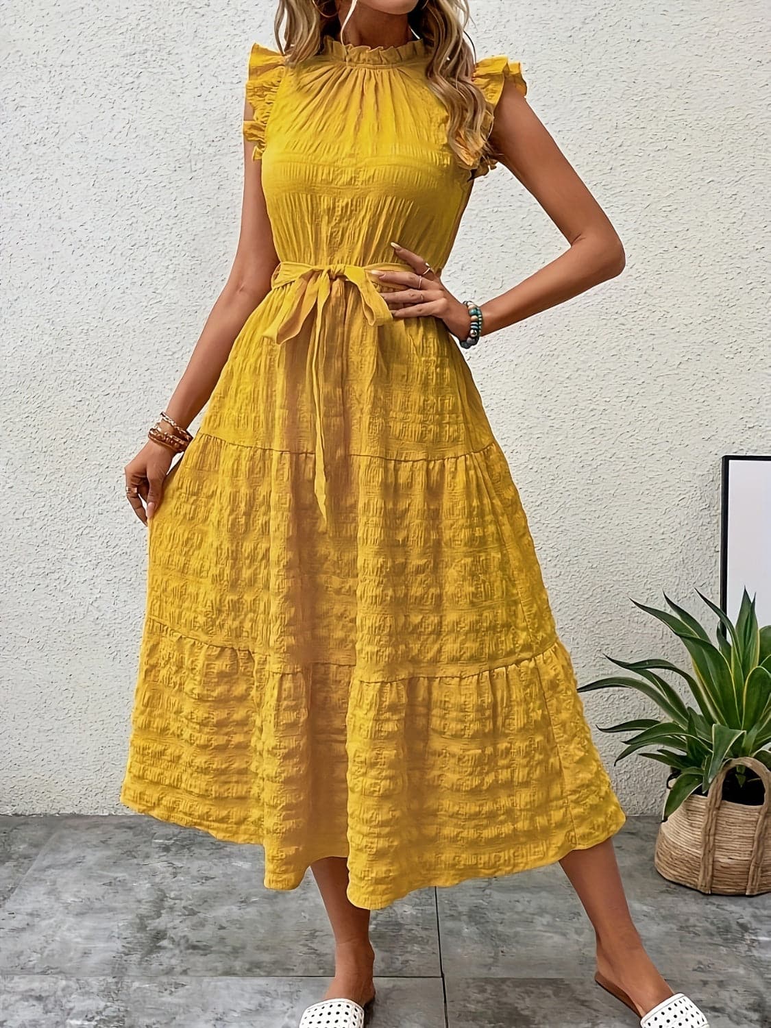 Tied Ruffled Cap Sleeve Midi Dress.