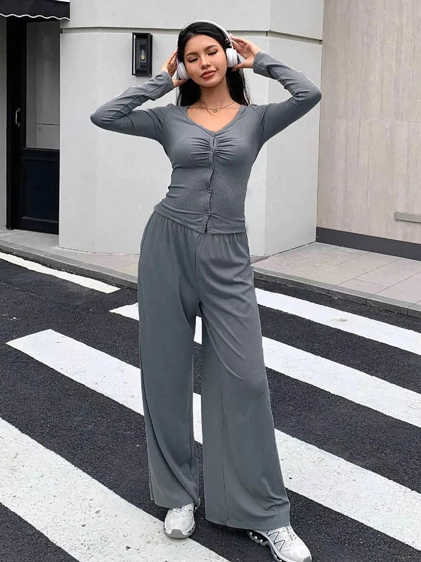 Ruched Button Down Top And Wide Leg Pants Set Gray Simply Love