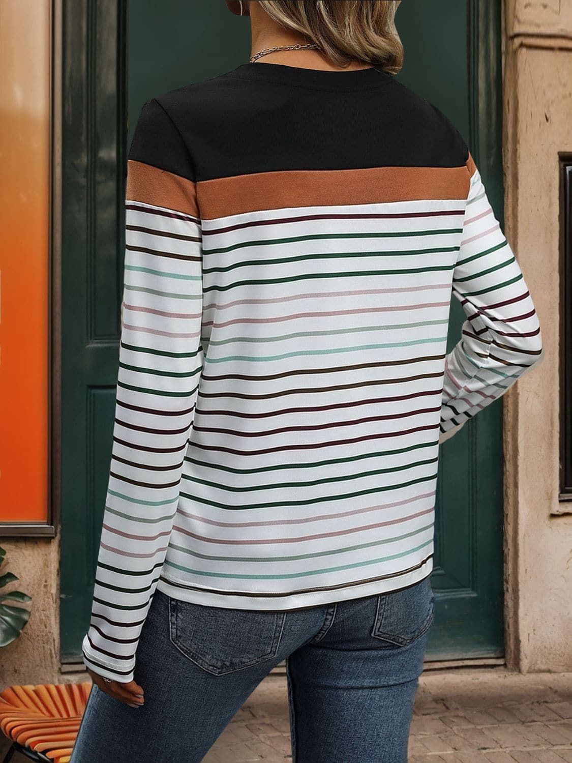 Striped Round Neck Long Sleeve T-Shirt.