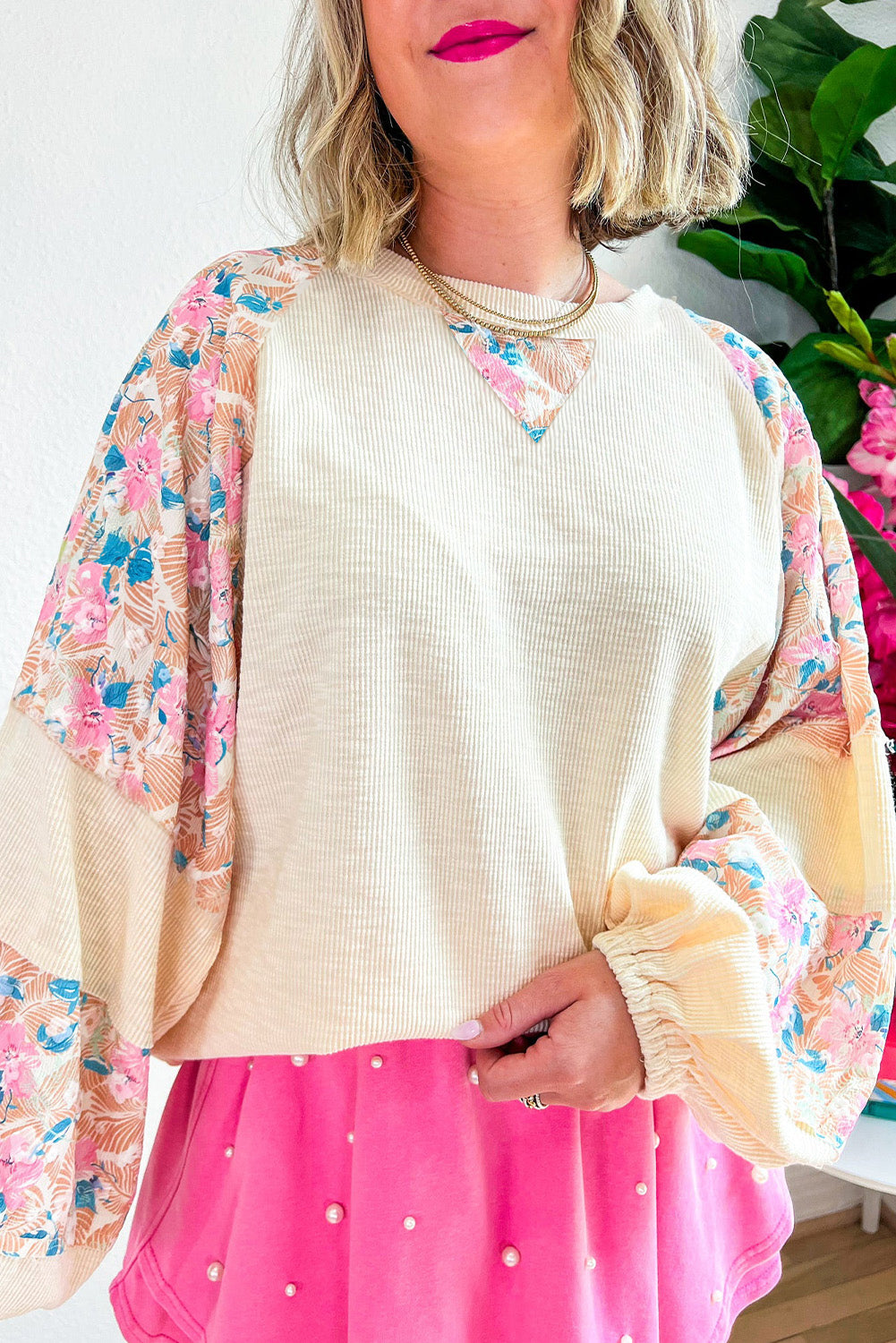 Chic apricot floral patchwork top with puff sleeves for plus sizes