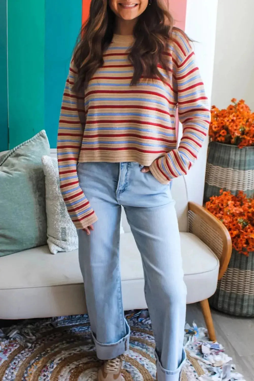 Striped Long Sleeve Round Neck Sweater Simply Love