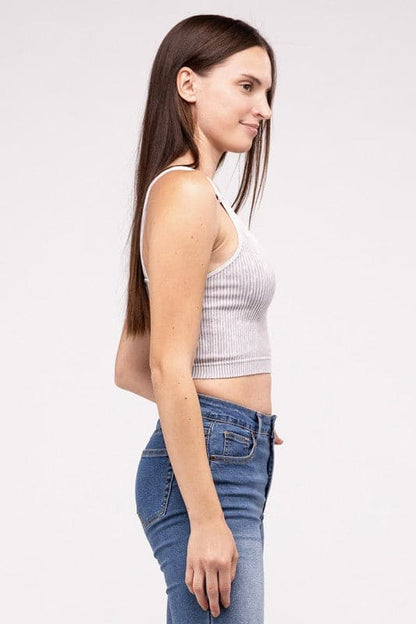 Washed Ribbed Cropped V-Neck Tank Top.