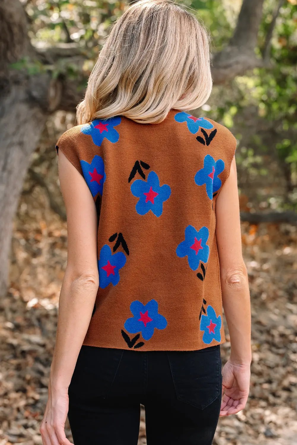 Chestnut Floral High Neck Knit Sweater Vest For Women Dear-Lover Dropshipping