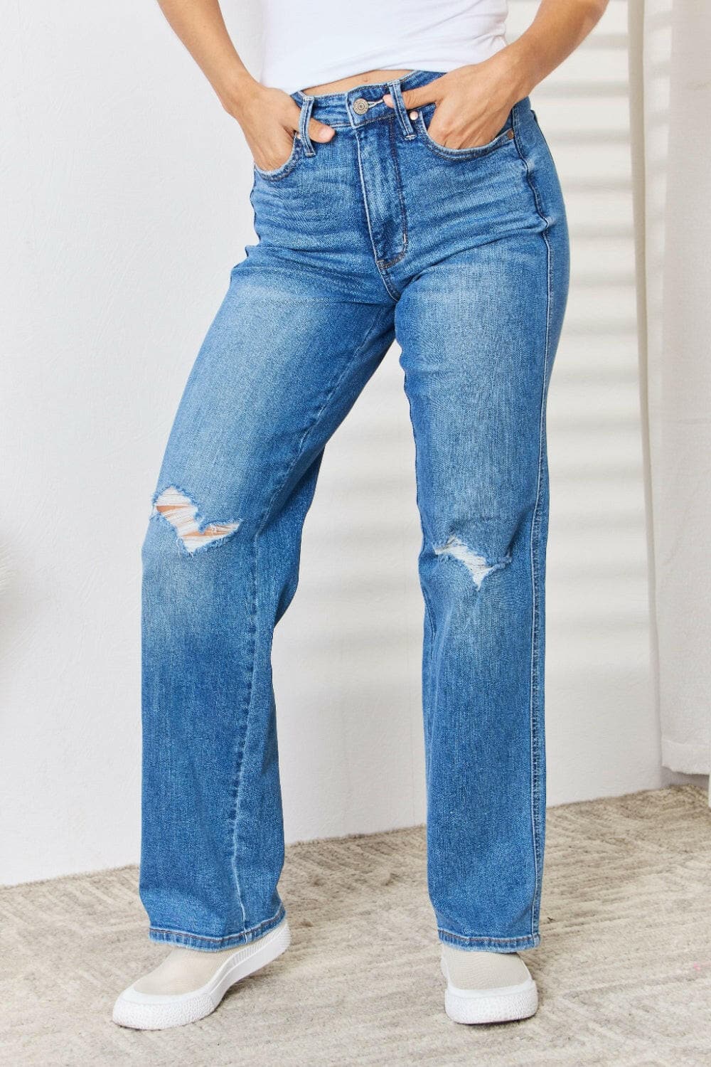 Judy Blue Full Size High Waist Distressed Straight-Leg Jeans.