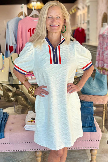 White Textured Jacquard Colorblock Edge Puff Sleeve Mini Dress
