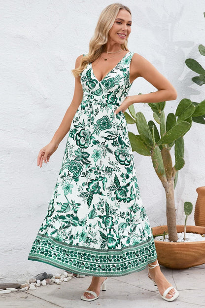 Printed V-Neck Wide Strap Dress.