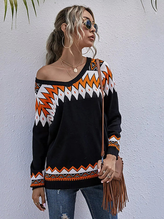 Geometric Pattern V-Neck Sweater Simply Love