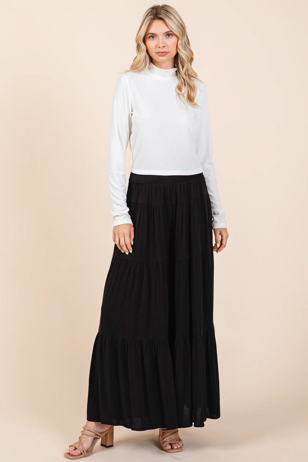 Tiered Smocked Wide Leg Crepe Pants with Elastic Waist and Side Pockets