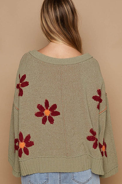 Chic floral chenille v-neck sweater for cozy elegance