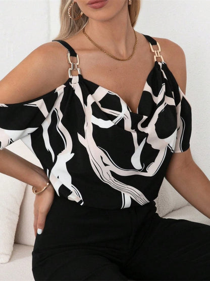 Cutout Printed Cowl Neck Short Sleeve Blouse.