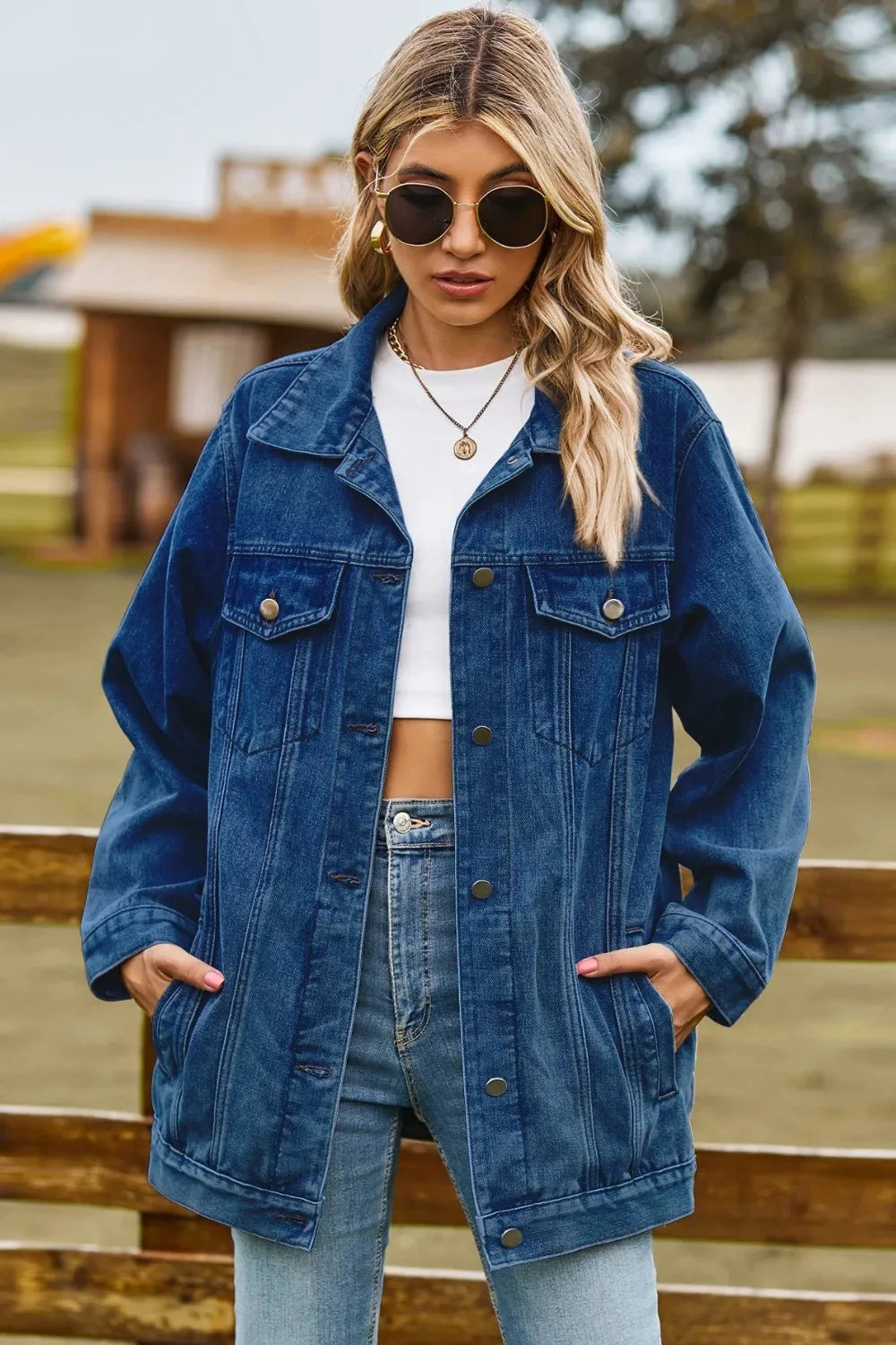Buttoned Collared Neck Denim Jacket with Pockets Coco’s Tee Boutique