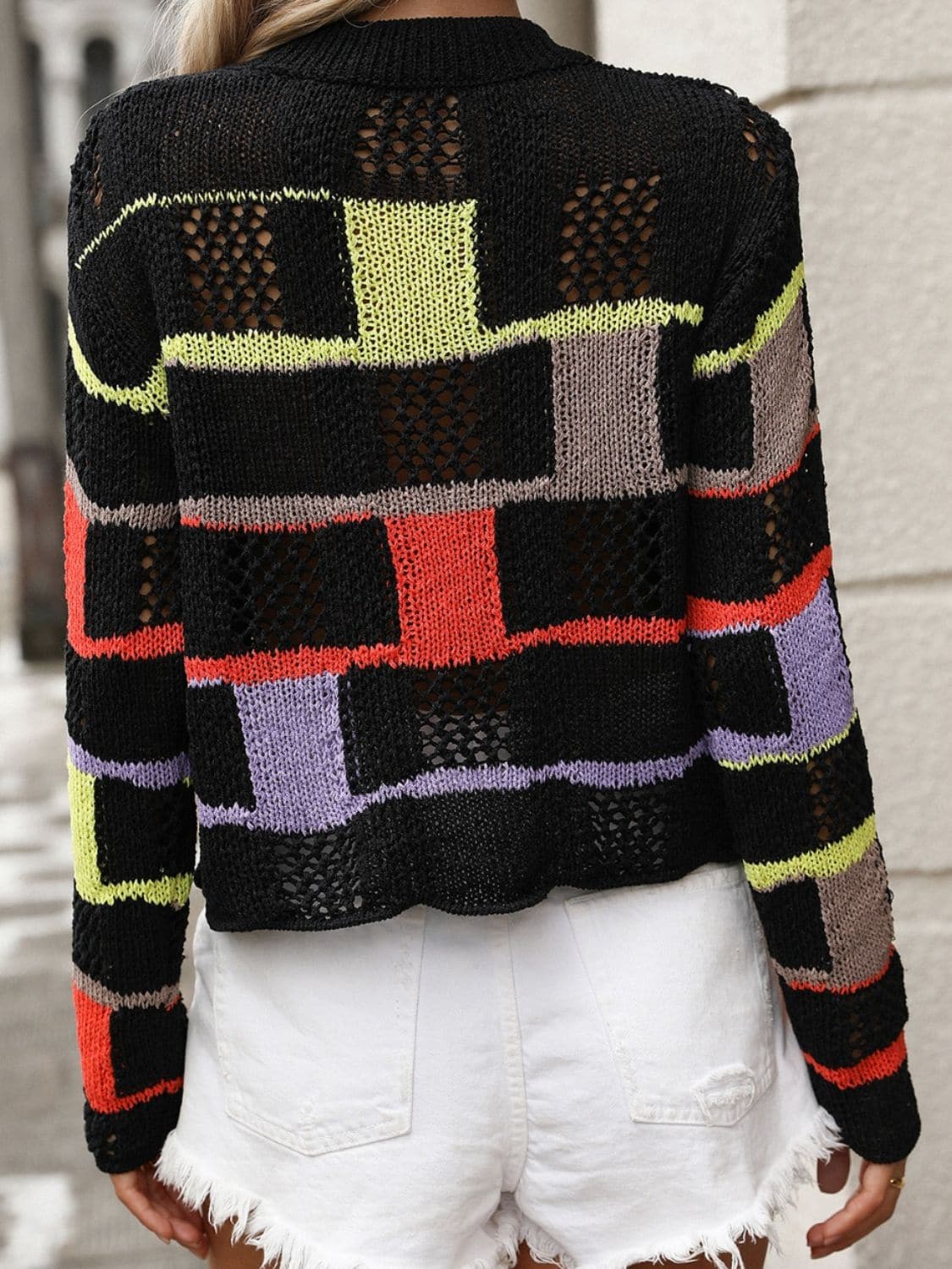 Openwork Color Block Round Neck Sweater.