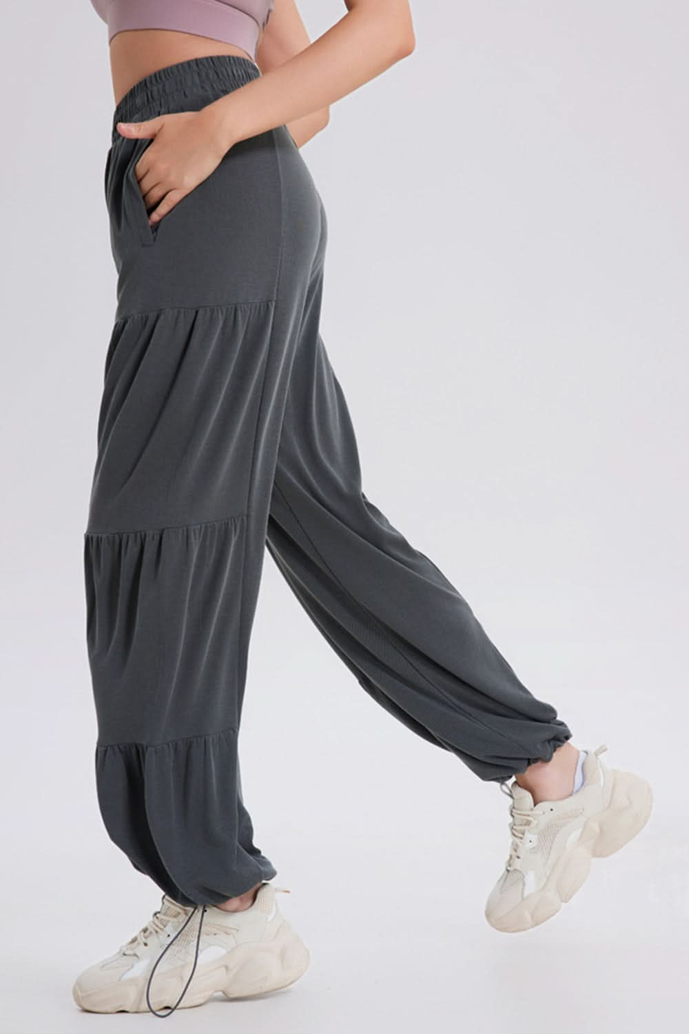 Ruched Elastic Waist Jogger Pants with Drawstring