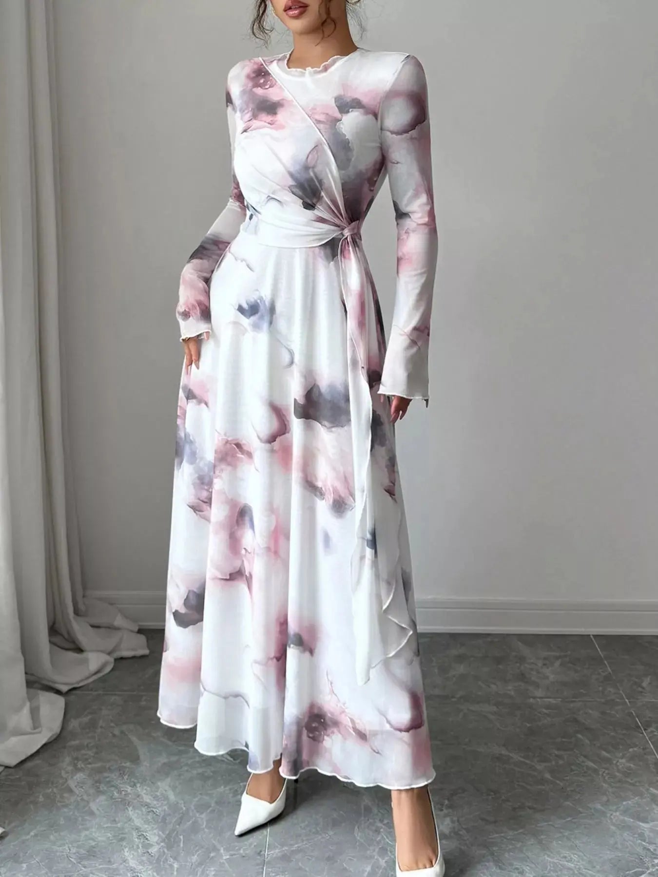 Tie Dye Long Sleeve Maxi Dress With Wrap Waist Pastel Print Simply Love
