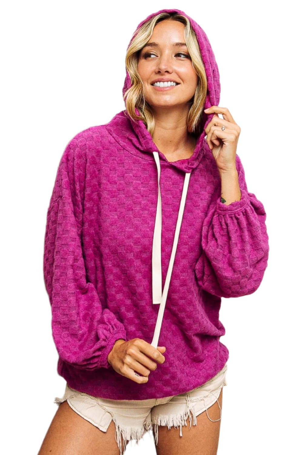 BiBi Brushed Checker Drawstring Long Sleeve Hoodie.