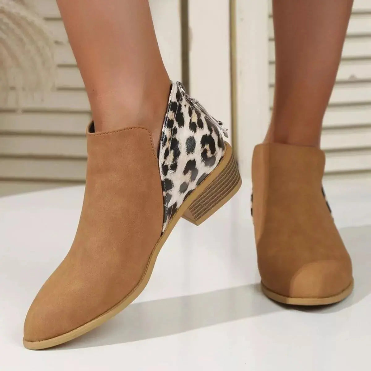 Leopard Print PU Leather Pointed Toe Ankle Boots With Low Block Heel Simply Love
