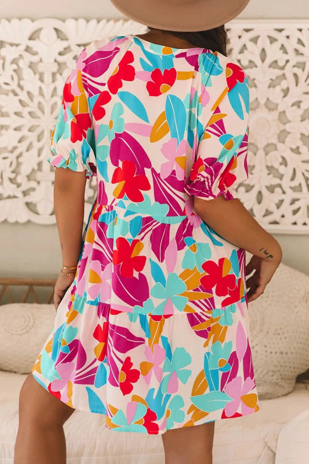 Floral Bubble Sleeve V Neck Tiered Ruffle Babydoll Dress Simply Love