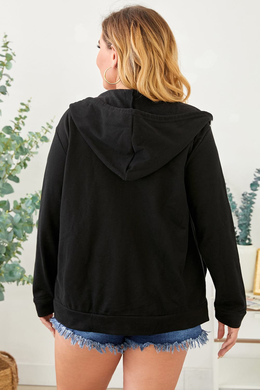 Plus Size Zip Up Hooded Jacket with Pocket.