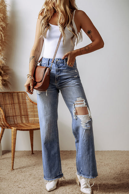 Chic Ashleigh blue high-waist straight leg jeans with raw hem detail