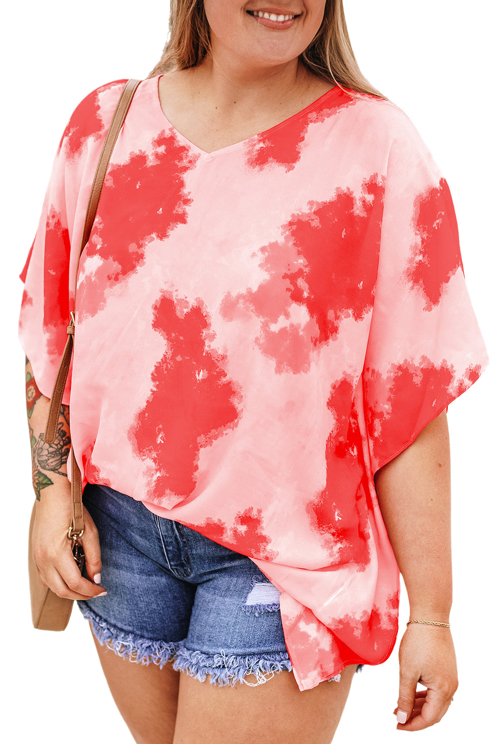 Vibrant red plus size tie-dye tunic with 3/4 sleeves