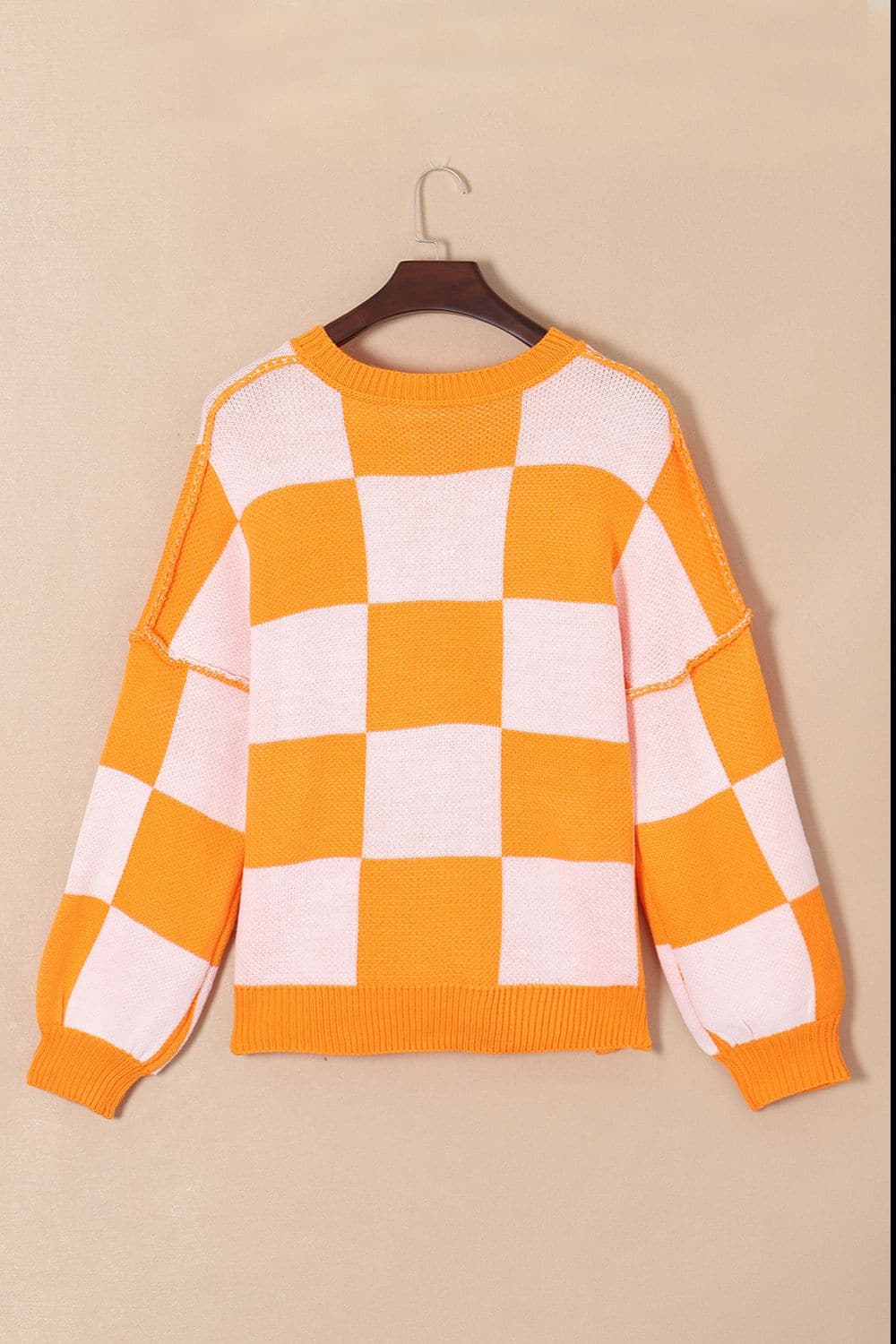 Checkered Exposed Seam Drooped Shoulder Sweater.