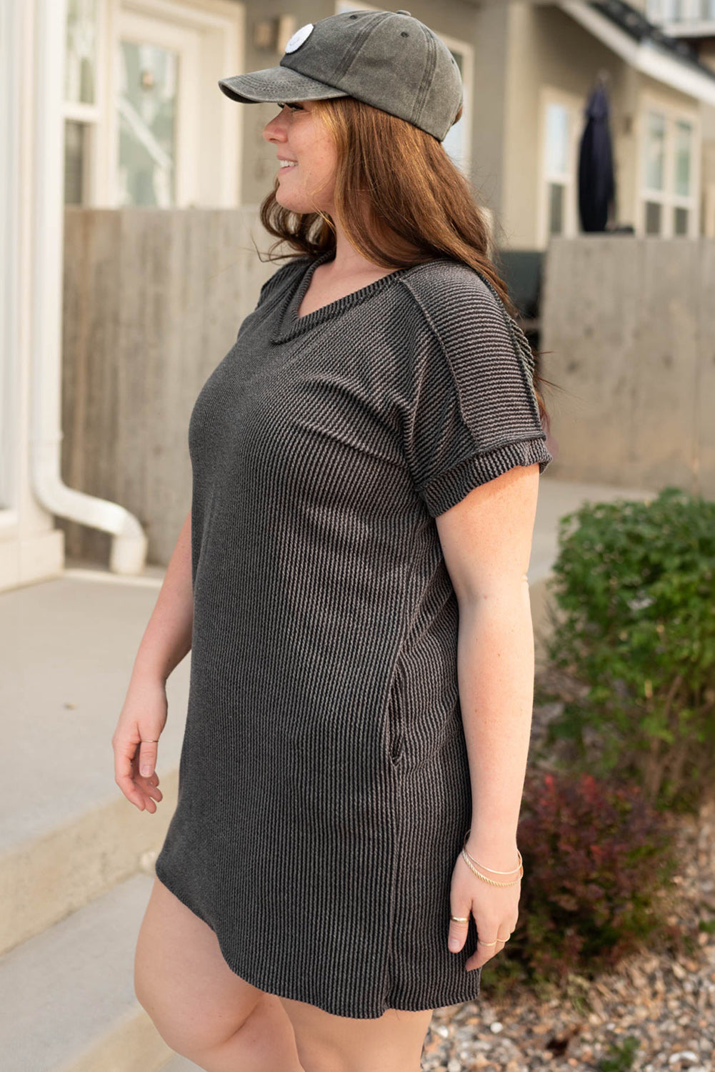 Carbon Grey Corded V Neck Plus Size T Shirt Dress With Pockets Dear-Lover Dropshipping