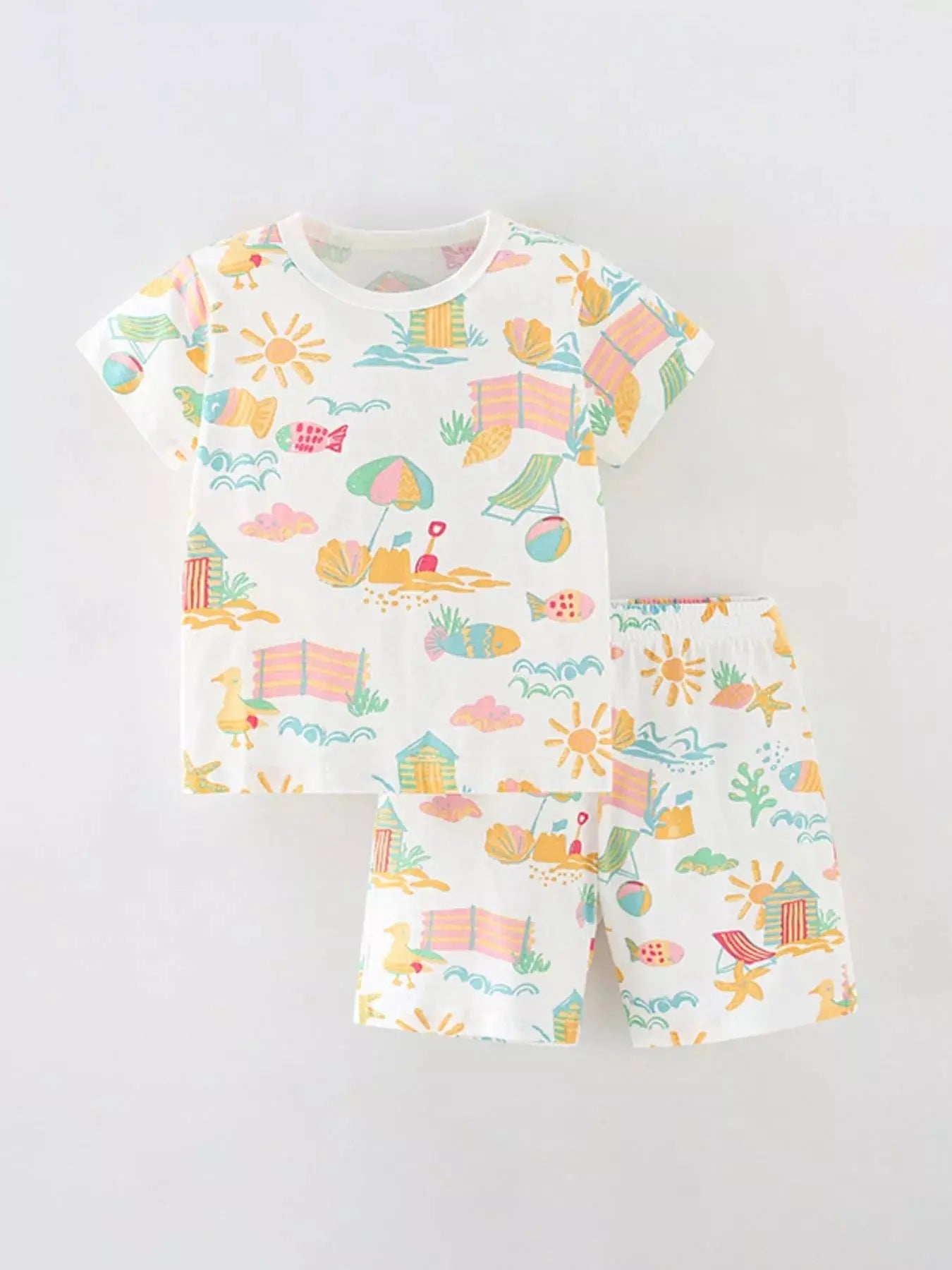 Children's Beach Print Round Neck Tee and Shorts Set Simply Love