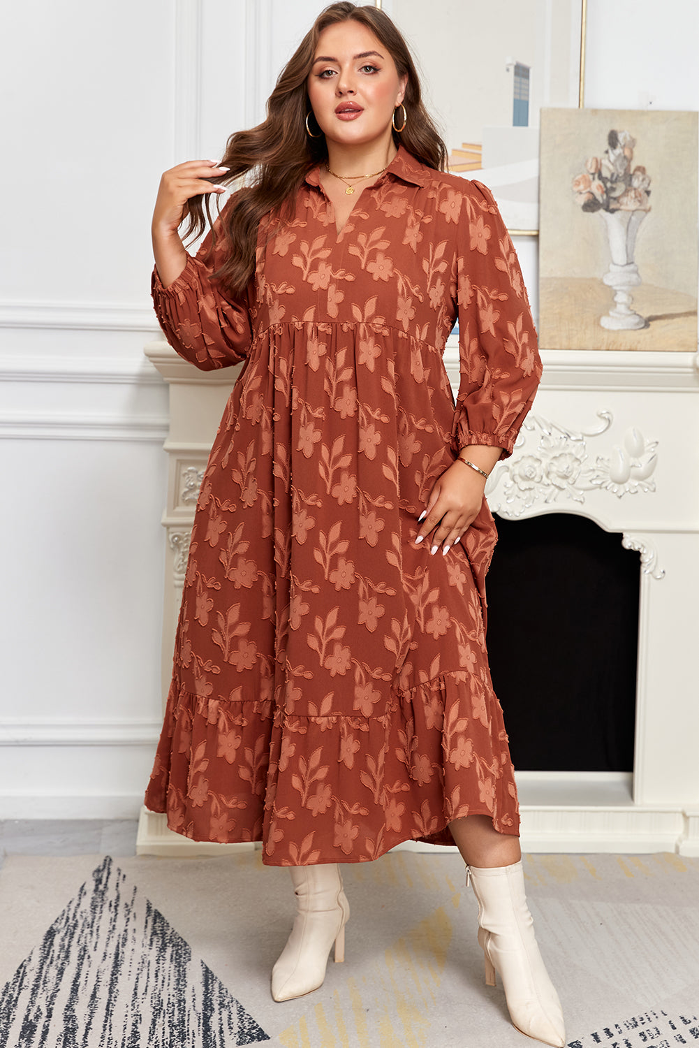 Premium Cinnamon Plus Size Textured 3D Flower Dress Ruffle Hem Long Dear-Lover Dropshipping