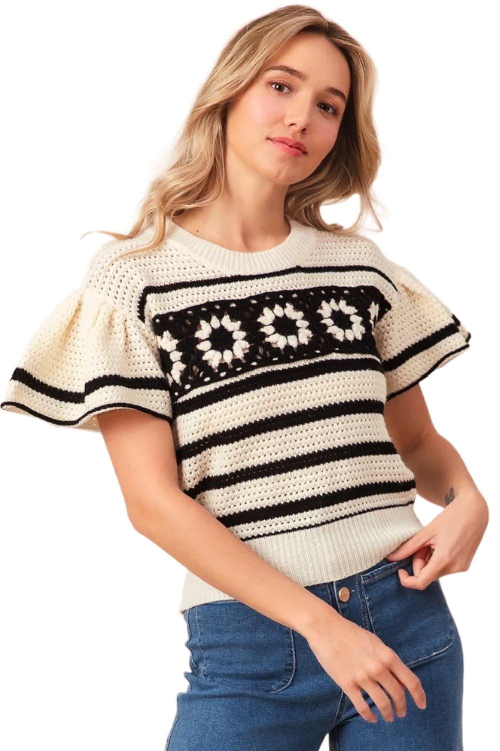 BiBi Granny Square Short Sleeve Striped Sweater.