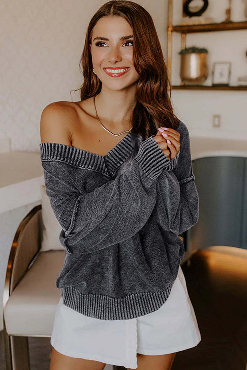 Black Mineral Wash V Neck Knit Sweater Exposed Seams And Drop Shoulder Loose Dear-Lover Dropshipping