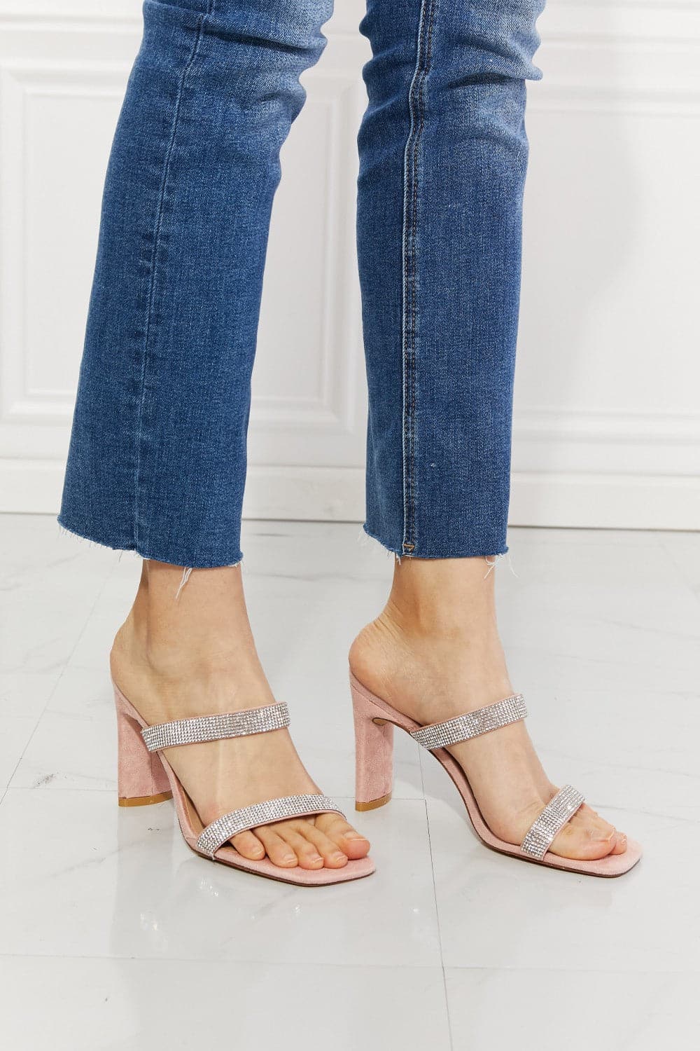 MMShoes Leave A Little Sparkle Rhinestone Block Heel Sandal in Pink.