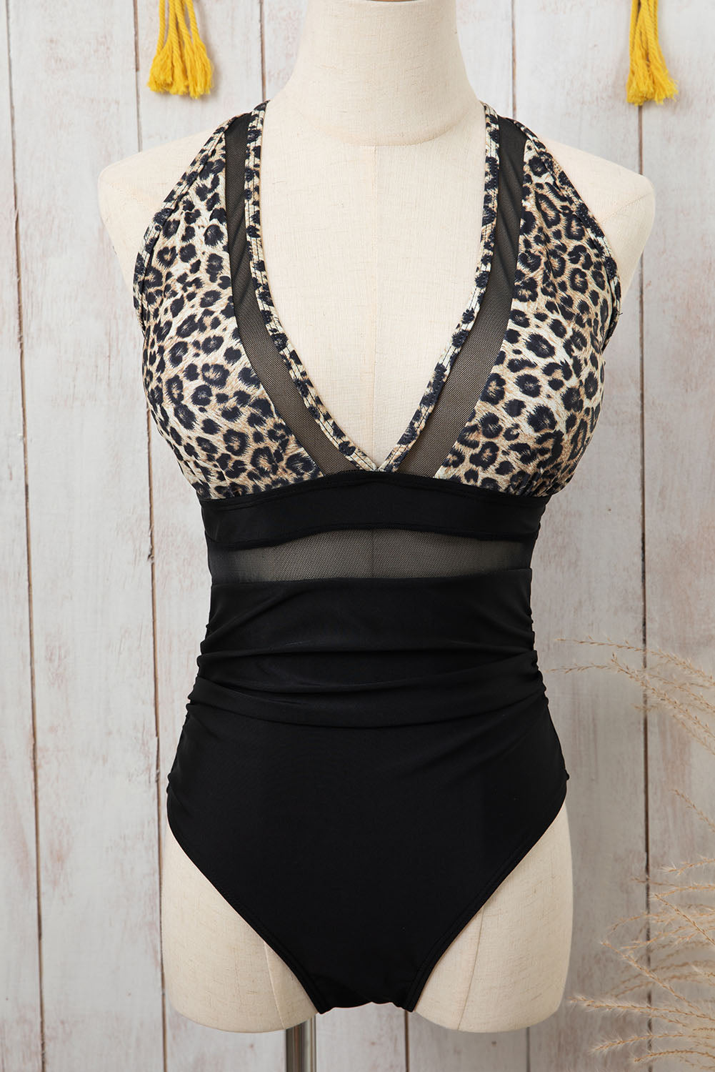 Chic brown leopard high-waist monokini with mesh detailing