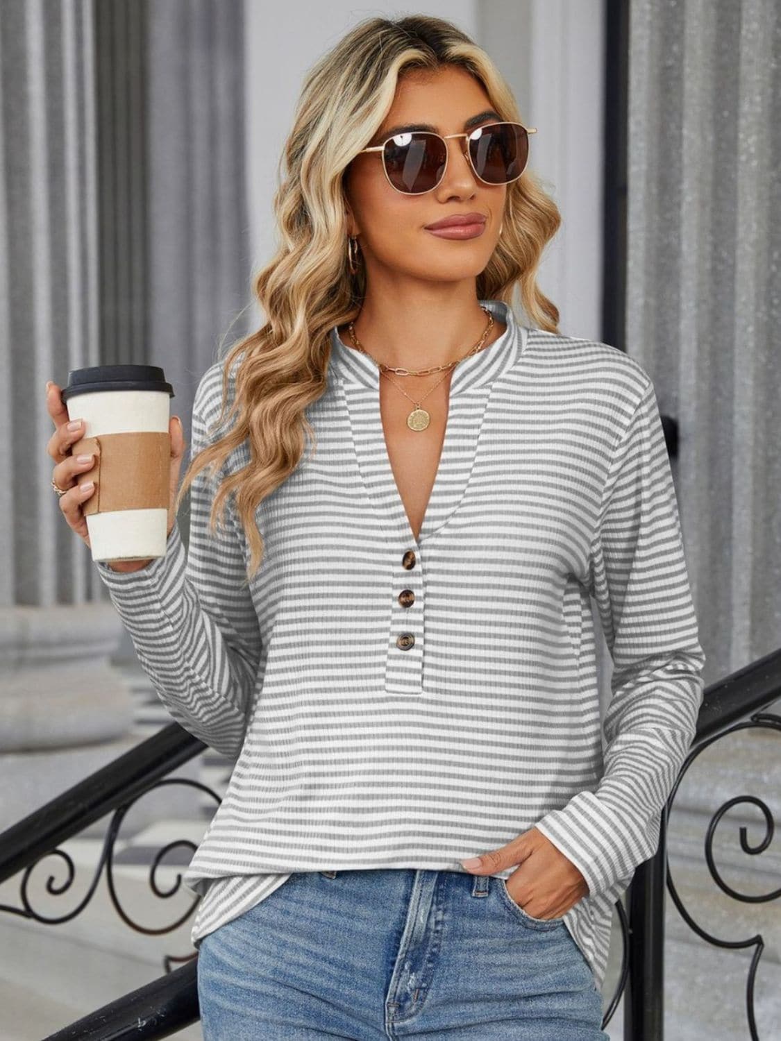 Striped Notched Long Sleeve T-Shirt.