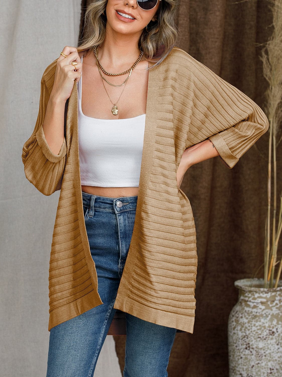 Striped Open Front Knit Cardigan.