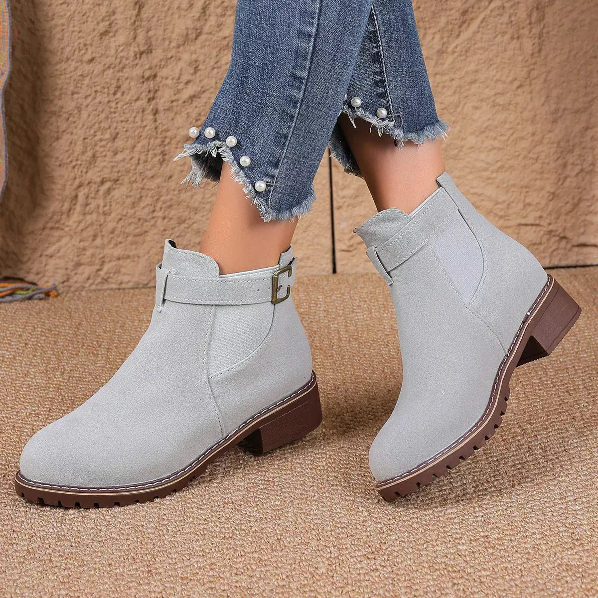 Women Round Toe Block Heel Ankle Boots Buckle Strap PU Leather Black Simply Love