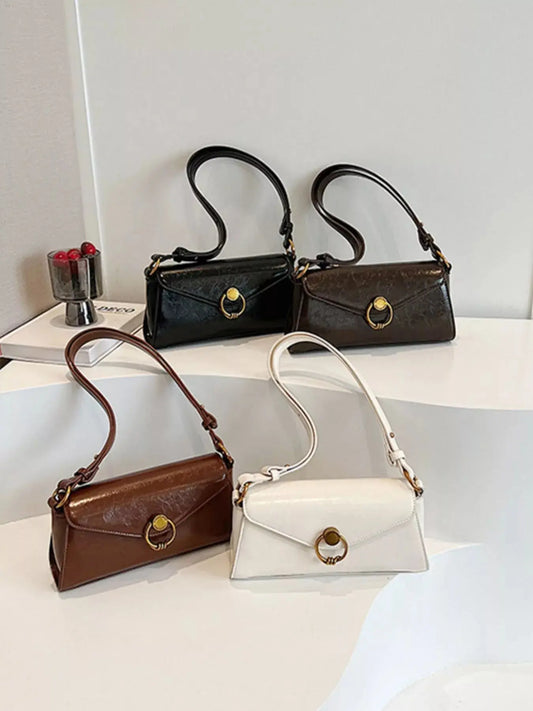 Small PU Leather Retro Ring Decor Shoulder Bag Gold Ring Accent Simply Love