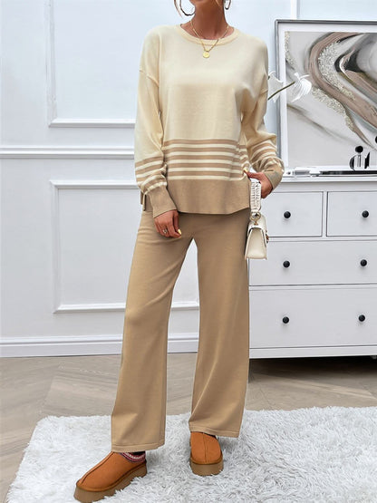 Chic striped sweater set with slit detail and round neck